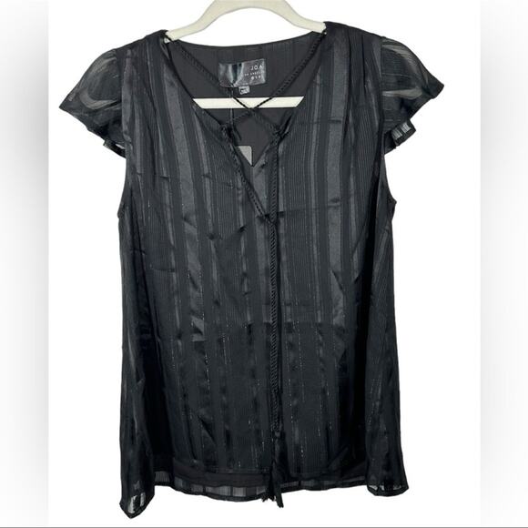 J.O.A Cap Sleeve Black Metallic Shimmer Tie Neck Blouse NWT size XS - Picture 2 of 12
